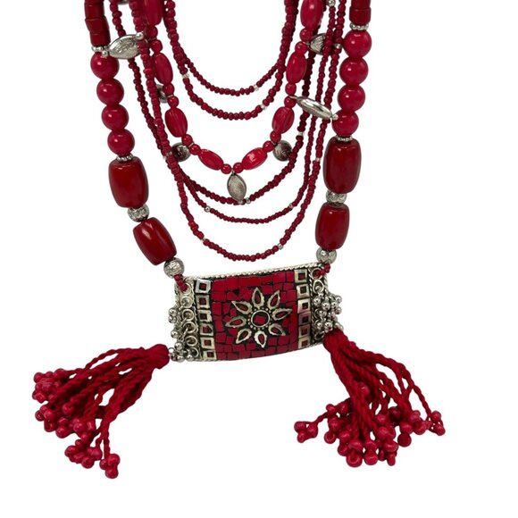 CHICO'S Red Long Beaded Necklace Multi Strand Silver Boho Braided Statement - Picture 2 of 7